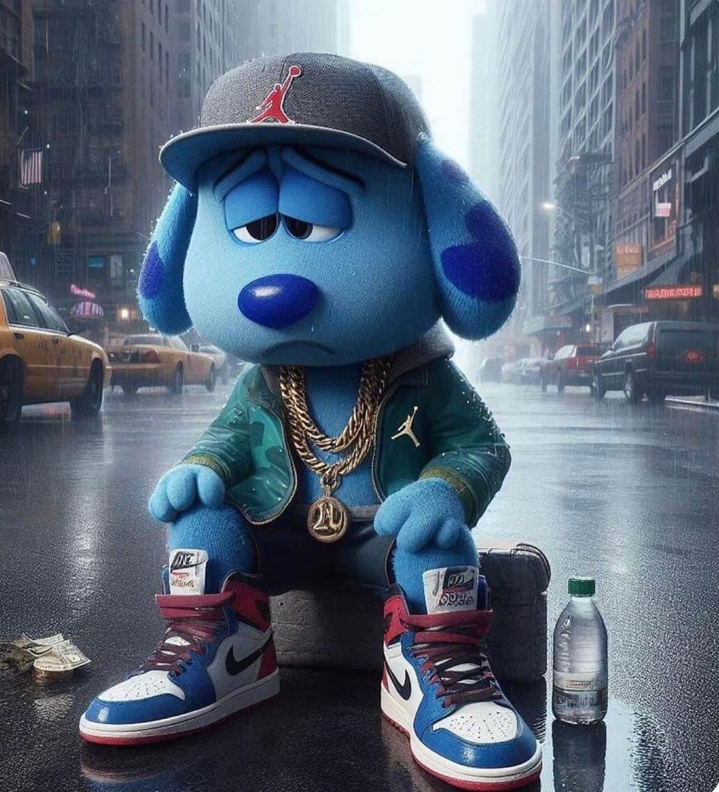 Blue sitting in rain; She is wearing nike's, a chain, a jordan cap, a jordan jacket